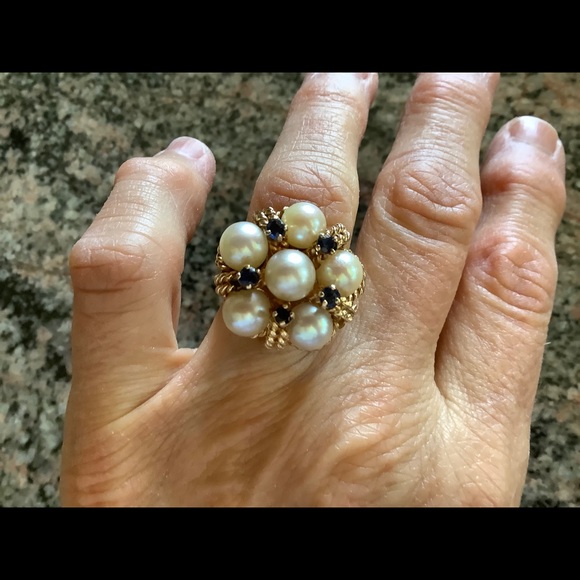 14K Vintage Yellow Gold Pearl/Sapphire Ring - Picture 6 of 6